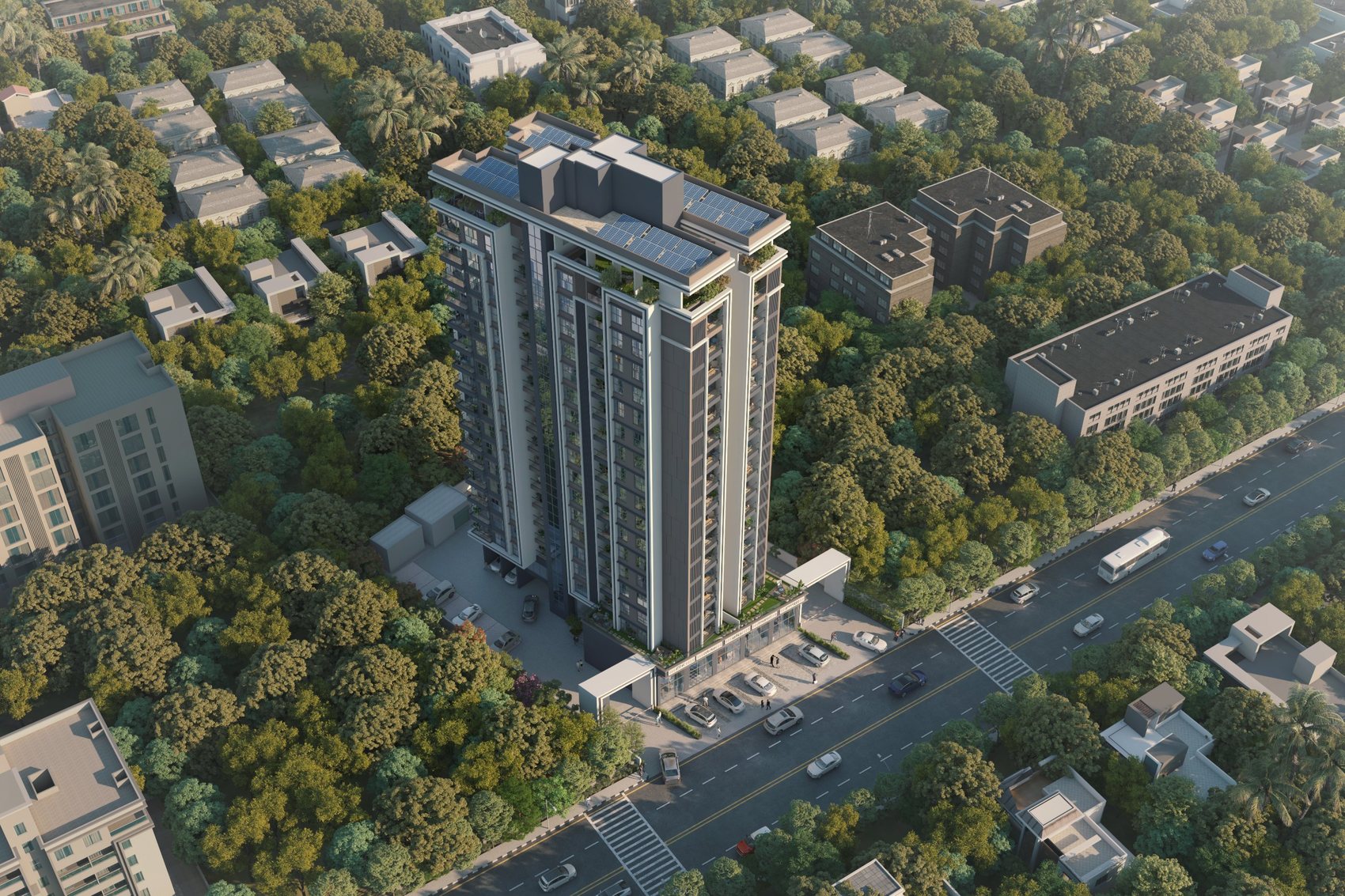 Aerial perspective of SkyOne amid greenery